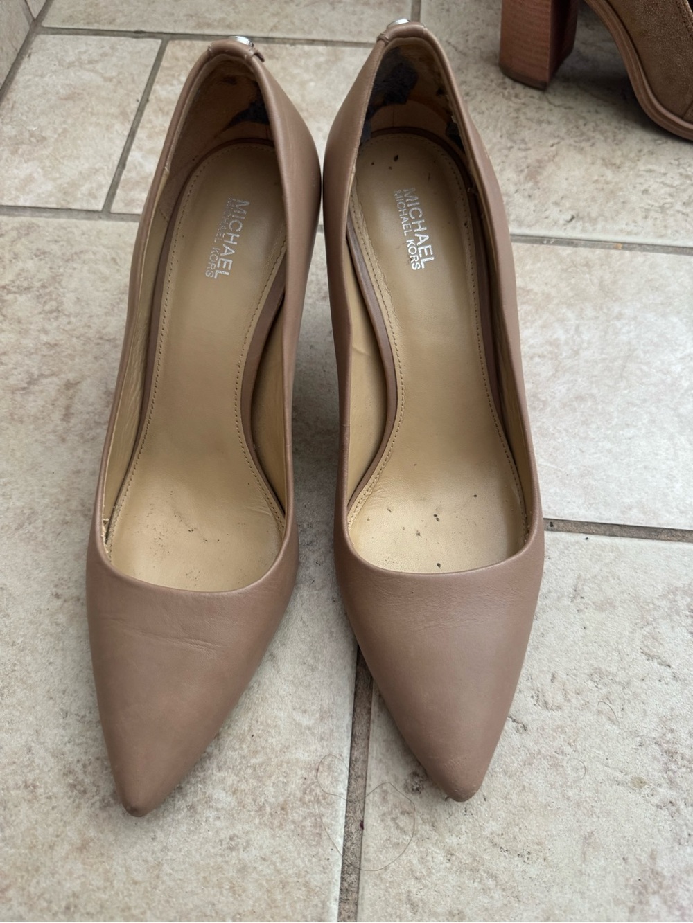 Michael Kors Taupe Pointed-Toe Leather Pumps
